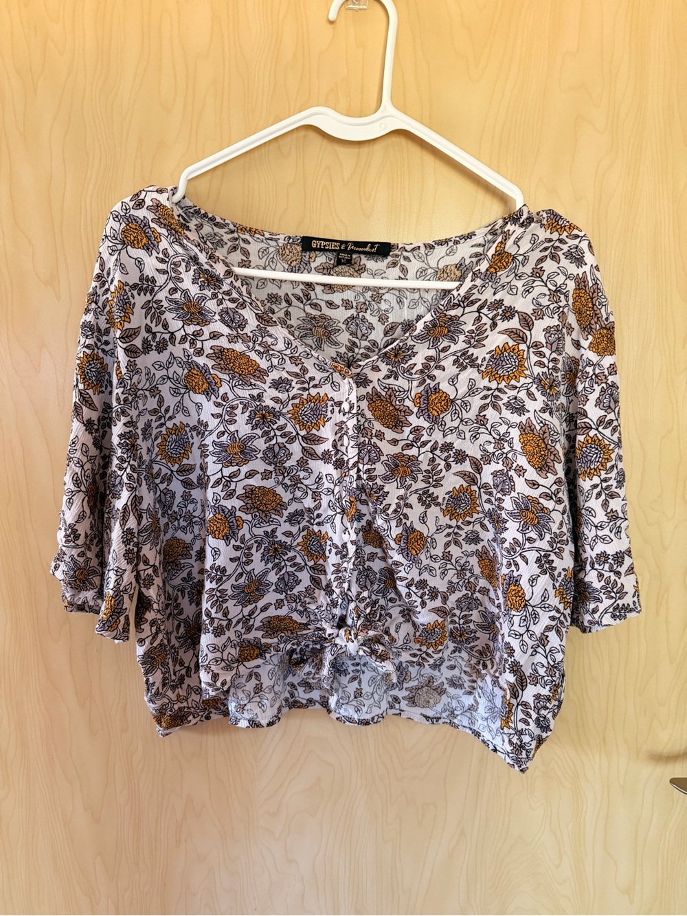 Gypsies & Moondust White Floral Tie-Front Crop Top with Mustard Accents